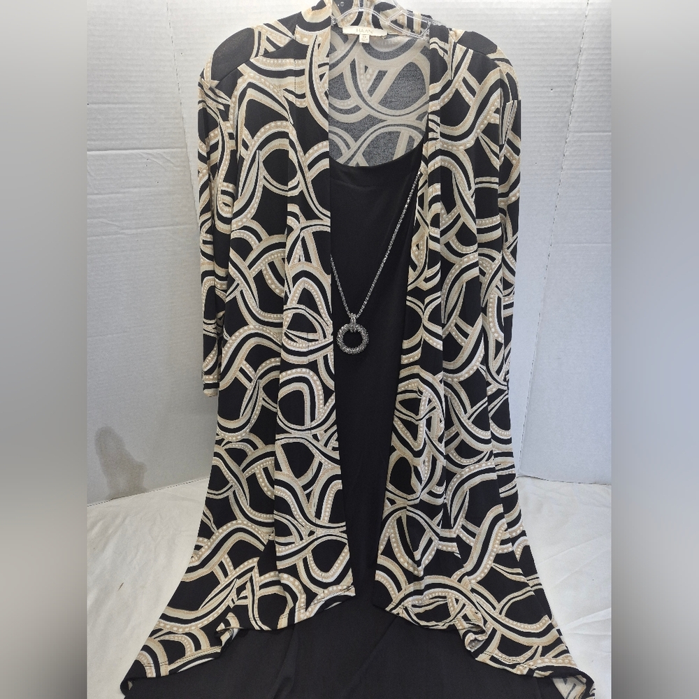 HAANI Overall Dress In Black Beige 3/4 Sleeve 3XL Necklace In SilverTone 40" Lon
